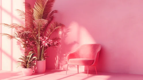 Monochrome pink interior scene unifies foliage and velvet seating