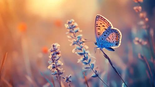 Butterfly resting on wildflower in soft sunset backlight.