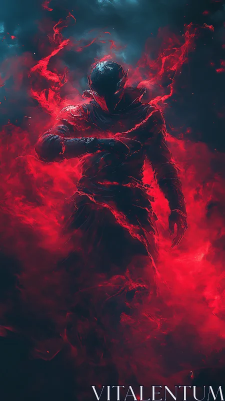 Brooding fire warrior wrapped in swirling crimson power.