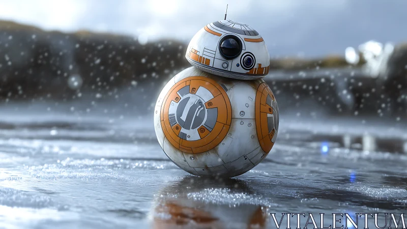 Spherical sci fi droid rolling across wet reflective ground.