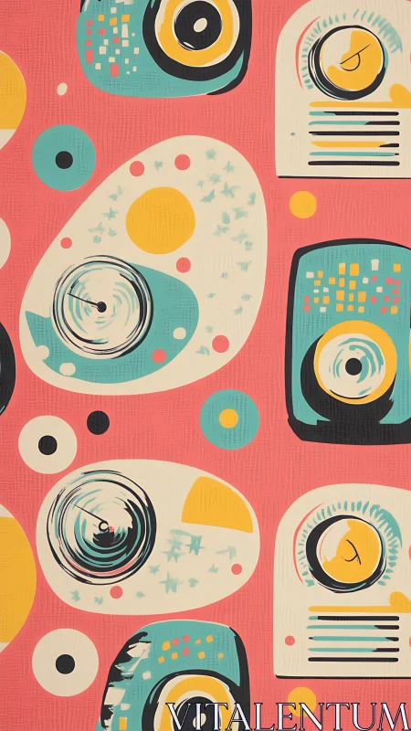 Retro radios and dials form repeating abstract midcentury pattern