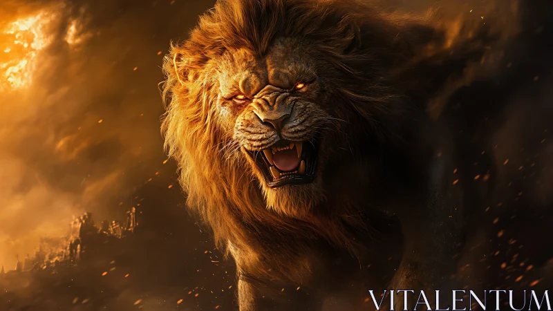 Roaring lion charges through fiery smoke with glowing eyes