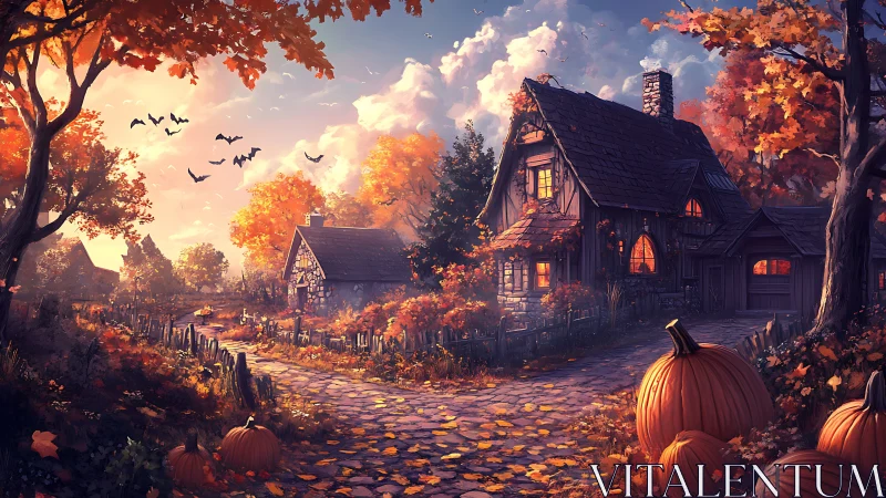 Twilight pumpkins and a storybook cottage in autumn glow.