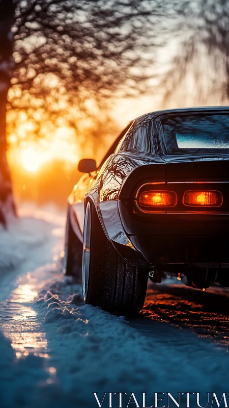 Classic sports car tail lights glow on icy winter road