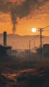 Lonely dirt road cuts through a hazy sunset industrial wasteland