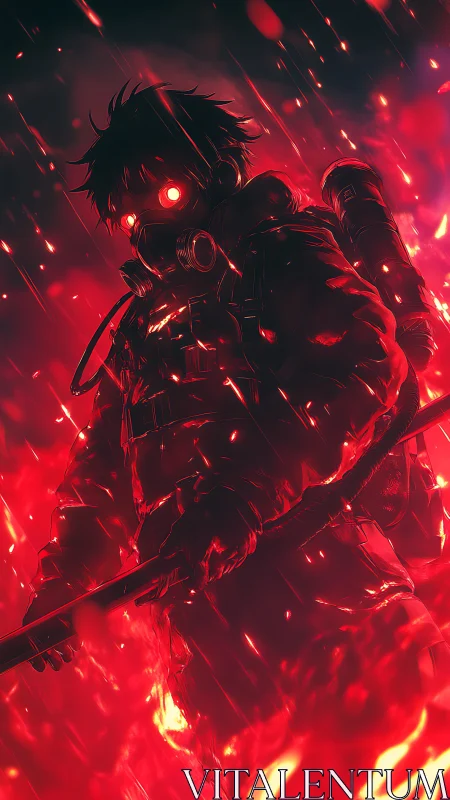 Infernal masked warrior amid falling embers at night.