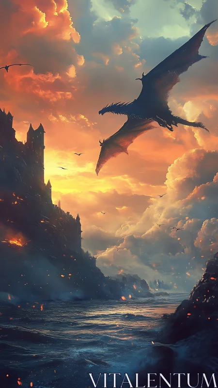 Dragon storm over burning coastal fortress at sunset.