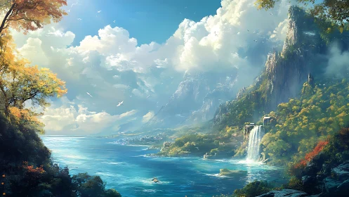 Fantasy coastal valley with waterfalls under radiant sky.