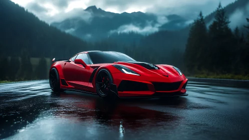 Red supercar gleams on rainy mountain road at dusk.