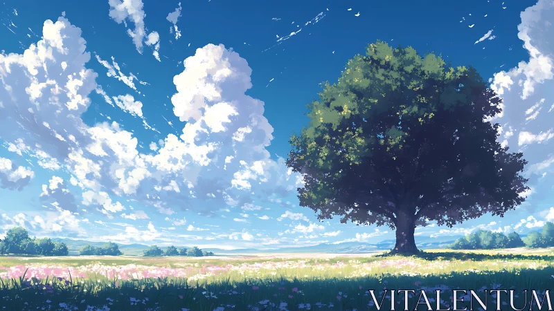 Solitary meadow giant under storybook oceans of sky.