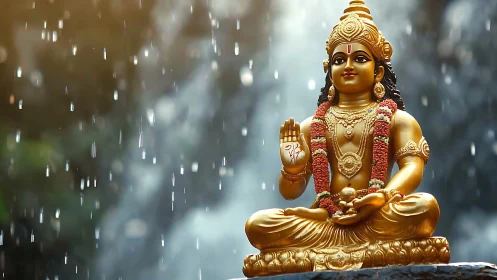 Golden deity listens to the rain and glows in quiet grace