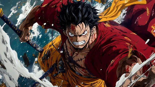 Battle-scarred pirate hero surges through storm-churned seas.