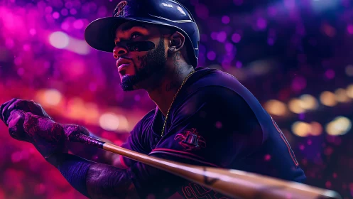 Focused baseball player holding bat under neon lights.