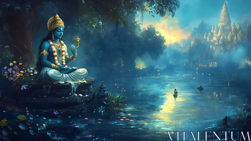 Riverlit deity in sapphire meditation beside misty temple.