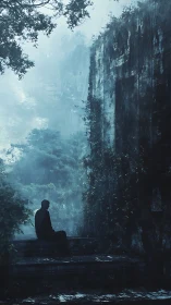 Solitary figure rests beside misty ruins in quiet reflection