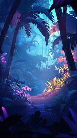 Neon Jungle Path Through Bioluminescent Forest.