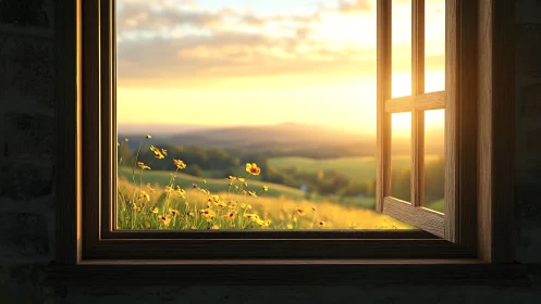 Open wooden window overlooking sunlit rural flower field.