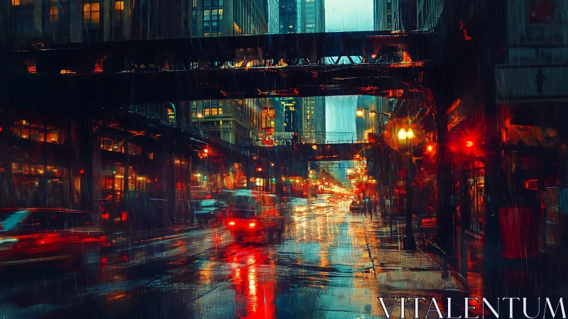 Rainy elevated tracks over wet neon city street at night.