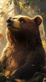 Stylized brown bear rendered in soft backlit forest scene
