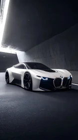 Futuristic white sports coupe in modern tunnel environment.