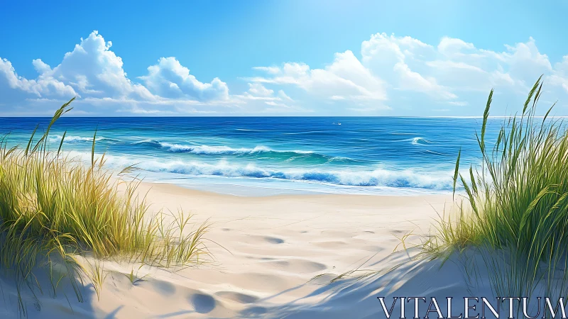 Sunlit dune path framing vibrant turquoise ocean horizon.