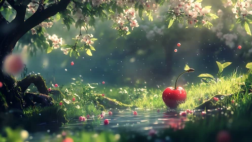 Cherry rests beside reflective stream under flowering tree