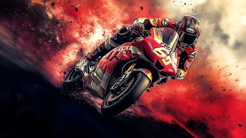Red thunderbike lunges through a storm of racing fire.
