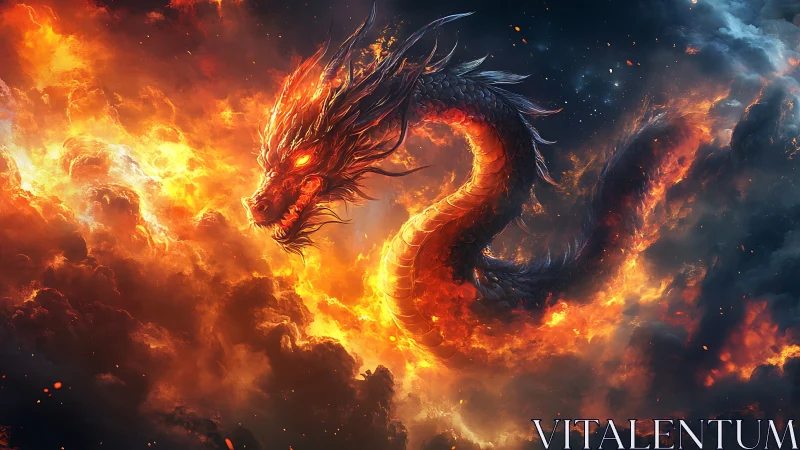 Fiery serpentine dragon emerges through dense burning clouds
