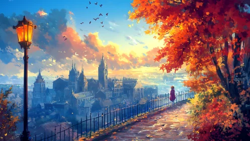 Golden sunset welcomes a quiet stroll above a storybook city