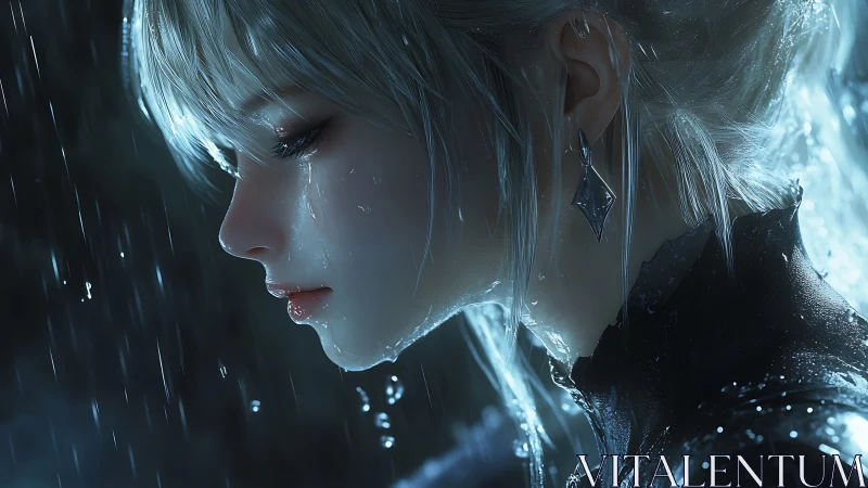 Side profile of wet silver haired woman under heavy rain