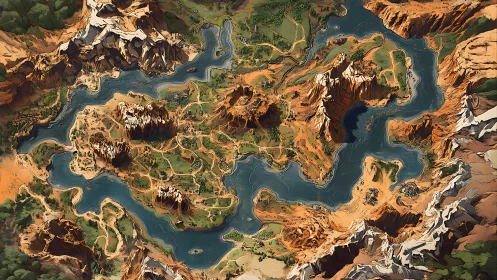 Story-rich canyon archipelago map curled in sapphire rivers.