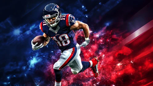 American football runner surges through cosmic red nebula