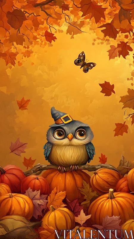 Whimsical autumn owl on pumpkins in vertical digital painting.