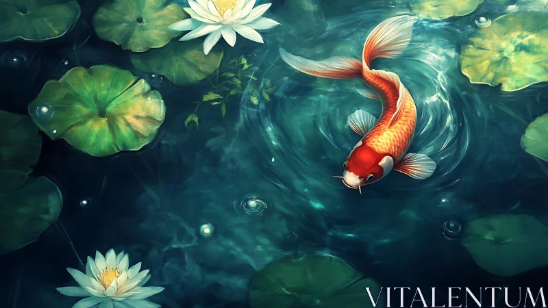 Koi carp in rippling pond with waterlilies and teal reflections