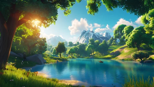 Digital painting landscape with lake, forest and sunlit peaks.