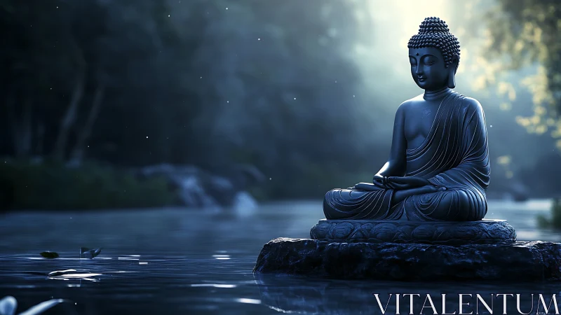 Buddha statue sits on stone platform in shallow water