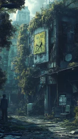 Overgrown urban alley with decayed buildings and figure.