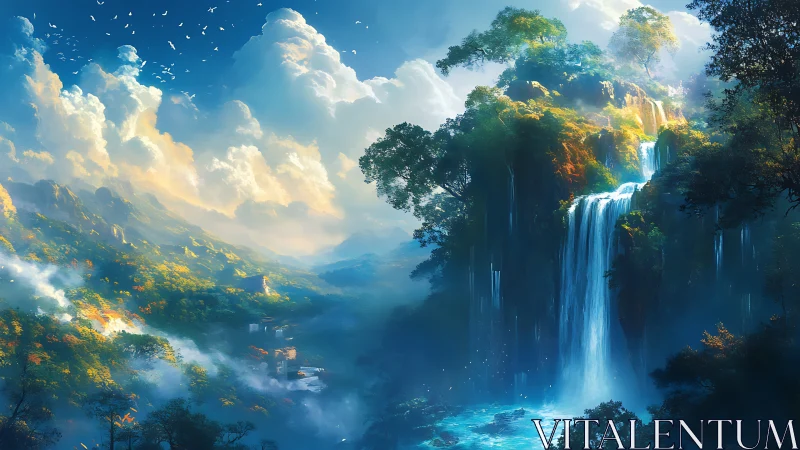 Cloud-brushed cliffs pour waterfalls into a dreaming valley
