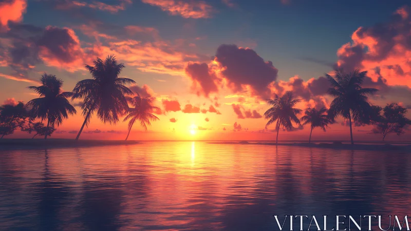 Tropical palm island sunset over calm reflective water.