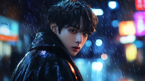 Young person in rain on urban night street, neon backdrop.