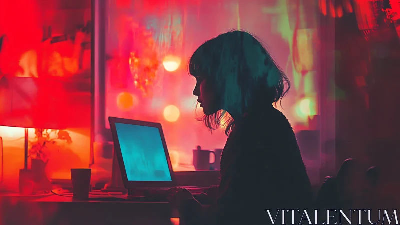 Silhouette of person using laptop amid saturated red lighting
