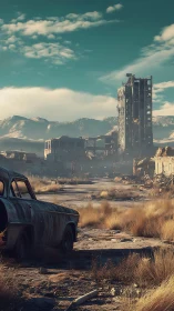 Ruined roadside structures with abandoned car in arid zone.