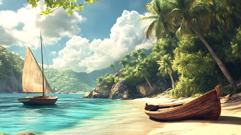 Tropical Cove with Sailboat and Wooden Vessels.