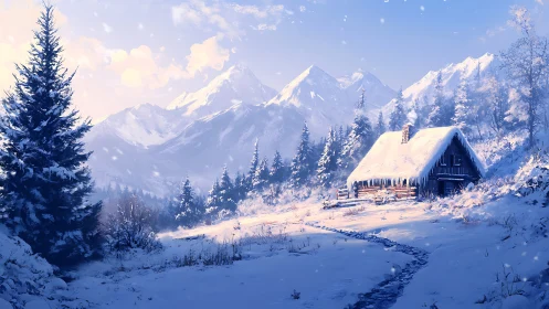 Snowbound cabin rests beneath luminous alpine peaks.