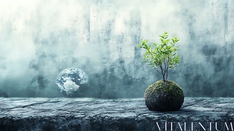 Moss-covered kokedama sapling with Earth sphere on stone plane