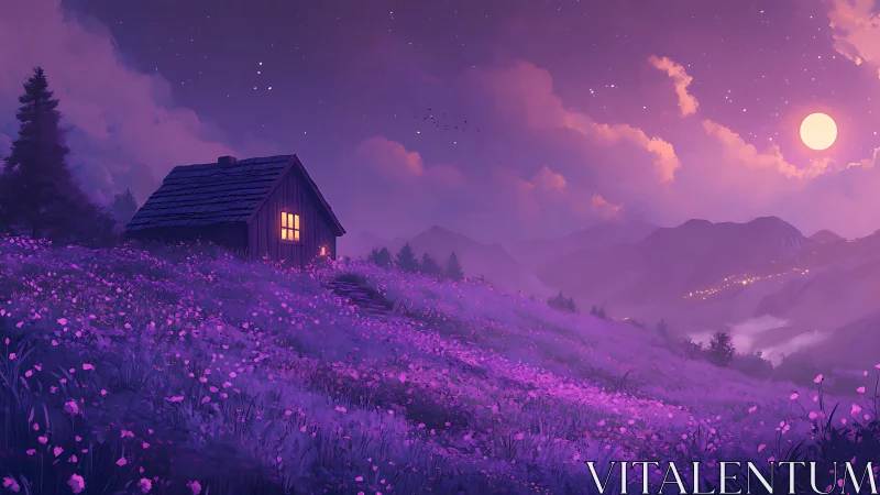 Moonlit cabin hums softly above a violet wildflower tide