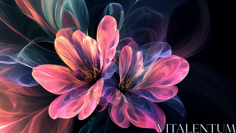 Digital fractal rendering depicts two translucent floral forms