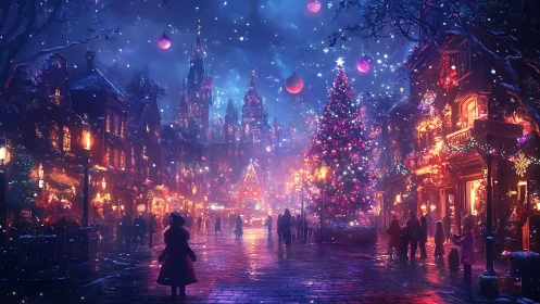 Enchanted winter city street with luminous Christmas tree.