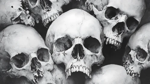 Clustered human skulls rendered in monochrome detail.
