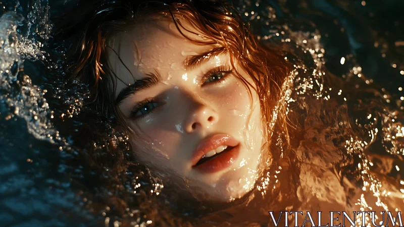 Woman’s illuminated face emerging from rippling water.